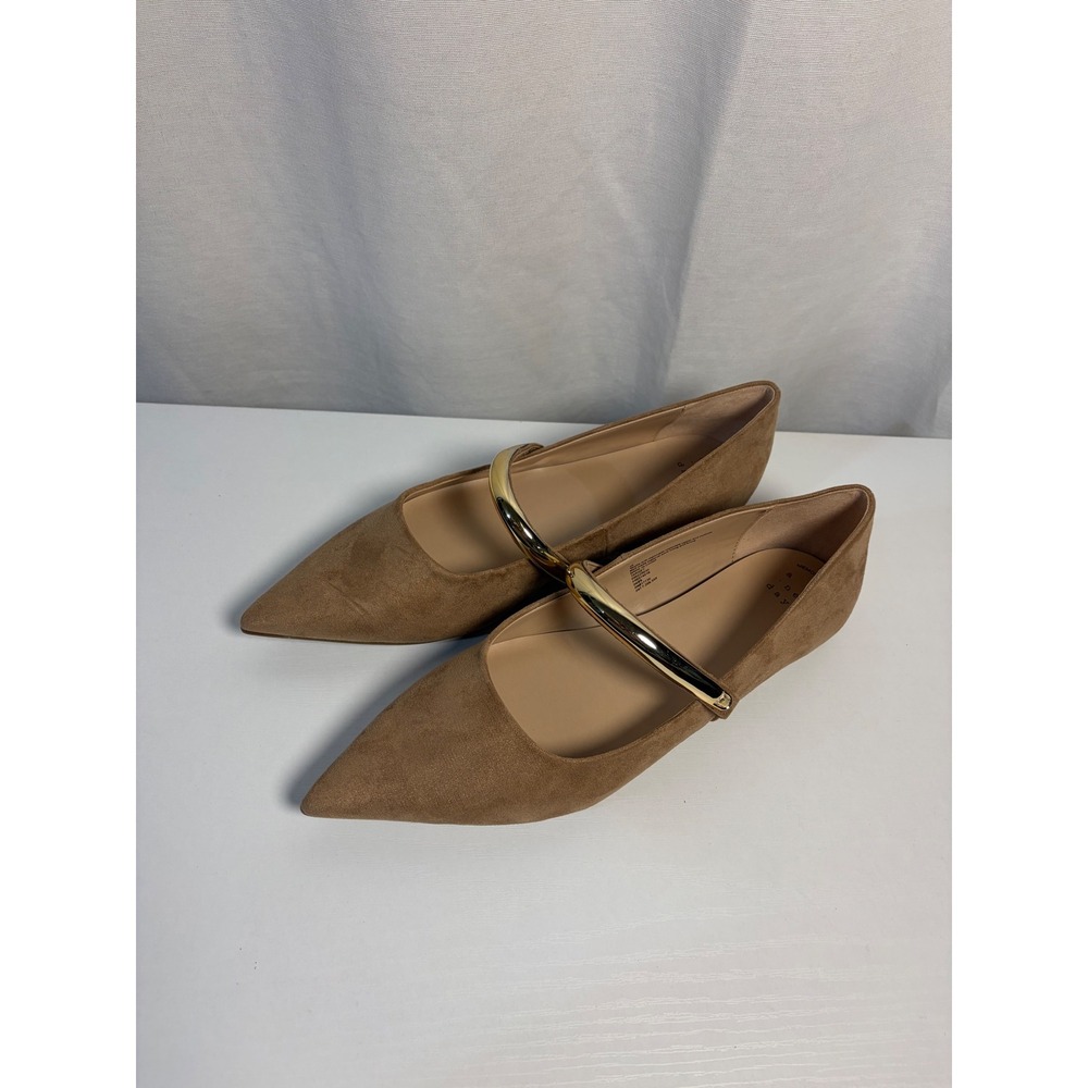 A New Day Tan Faux Suede Pointed Toe Flats with Gold Bar Strap Size 10